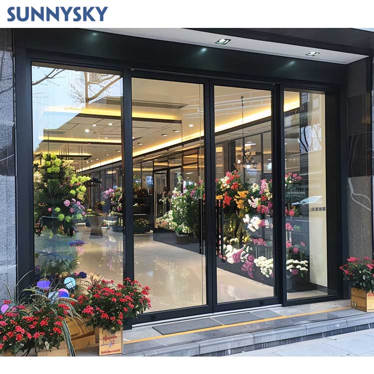 Sunnysky Commerciële Moderne Winkelpui Schuifdeuren van glas Aluminium Voordeur Glasvezel Buitenzijde Grote Glazen Deur