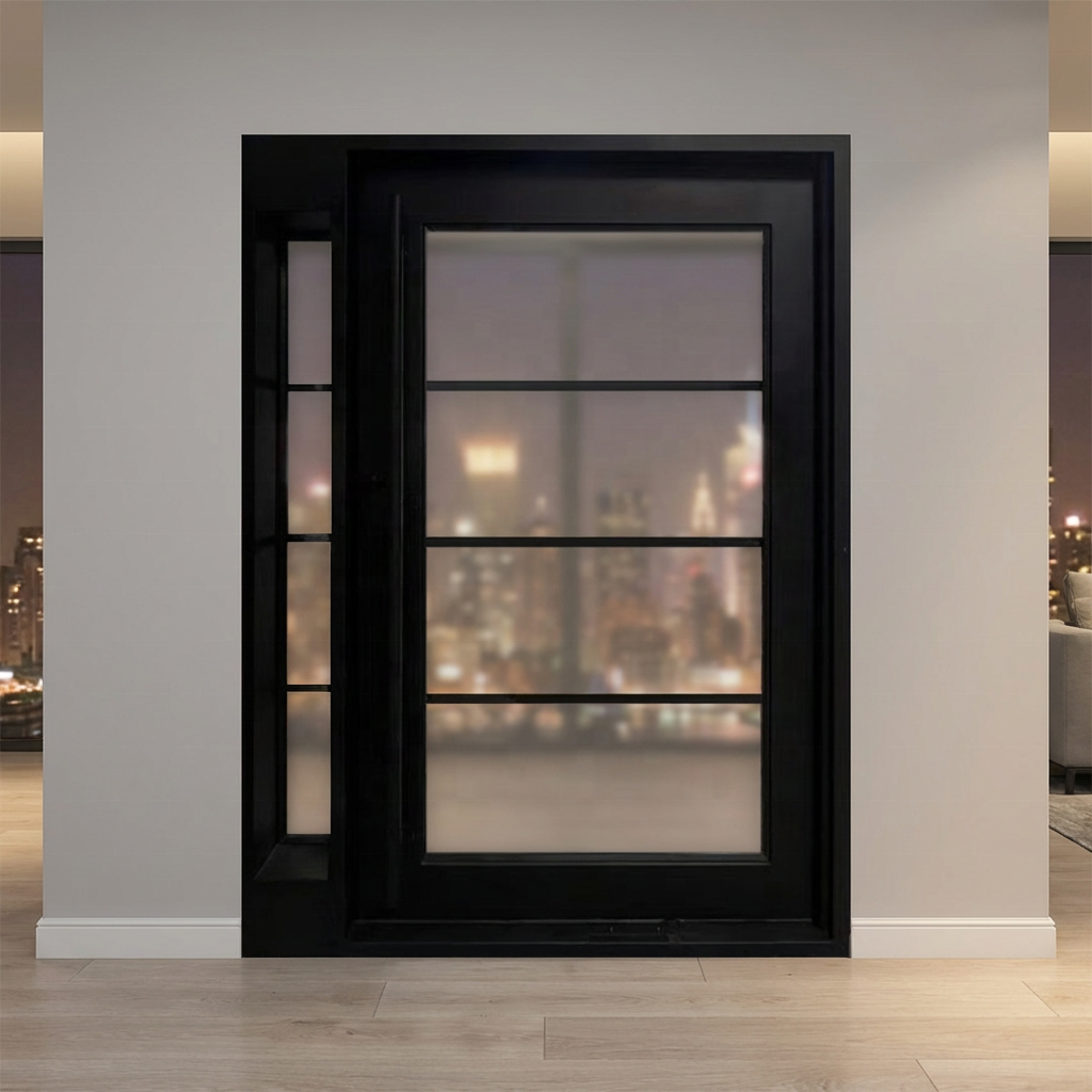 Sen-Yi HBS-224 Op maat gemaakte moderne draaideur van smeedijzer met gehard glas, luxe woonfront van staal