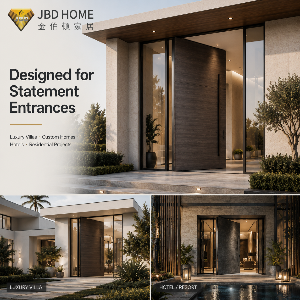 Grote, moderne draaideur met geluidsisolatie in een zwart aluminium frame voor de buitentoegang van een villa of luxe woning.