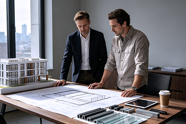 Architect bespreekt een maatwerk voordeurontwerp