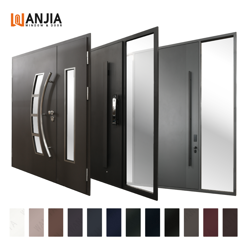 Luxe moderne aluminium voordeur met glazen panelen voor villa's. Aluminium veiligheidsvoordeur voor de buitenkant.