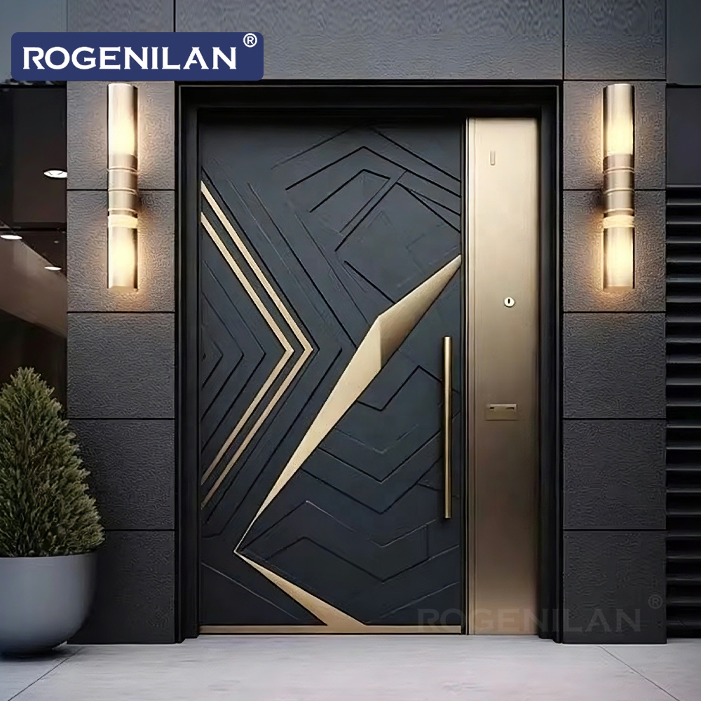 Rogenilan Nieuwe 3D Gesneden Op Maat Gemaakt Houtnerf Design Hoogwaardige Villa Hoofdingang Gepantserde Aluminium Voordeuren met Slim Slot
