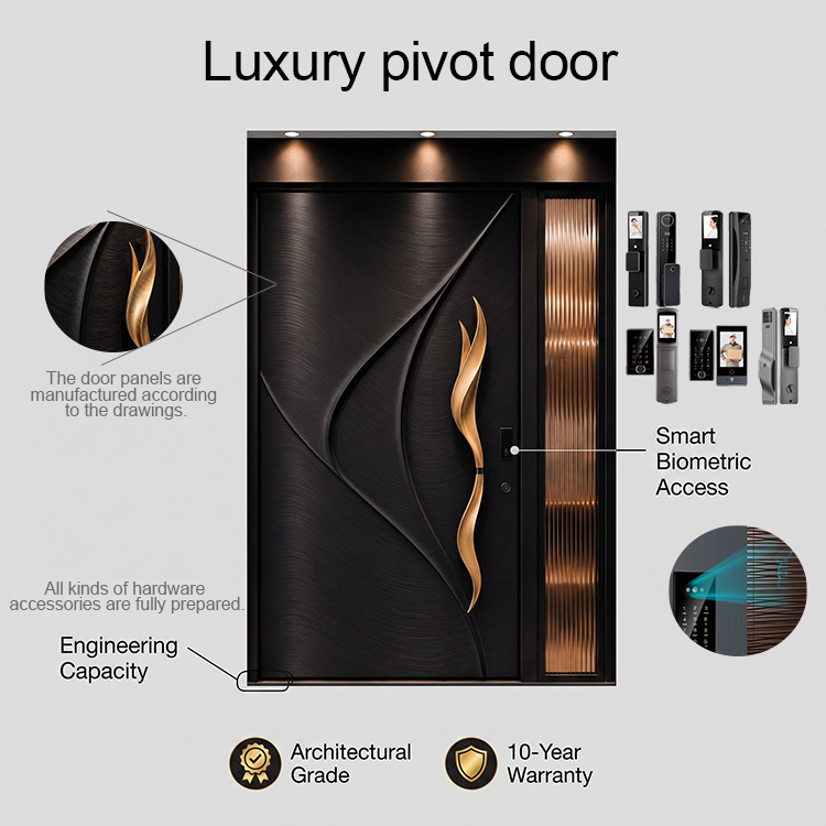 Architectonische moderne draaideur met golvend design, luxe extra grote voordeur met verborgen, robuust draaisysteem en slimme toegangscontrole voor herenhuizen.