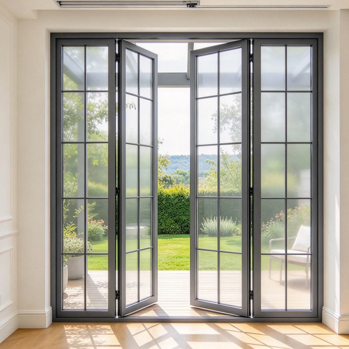 Waterdichte dubbelglas vouwdeur met Frans rooster en aluminium frame voor buitengebruik