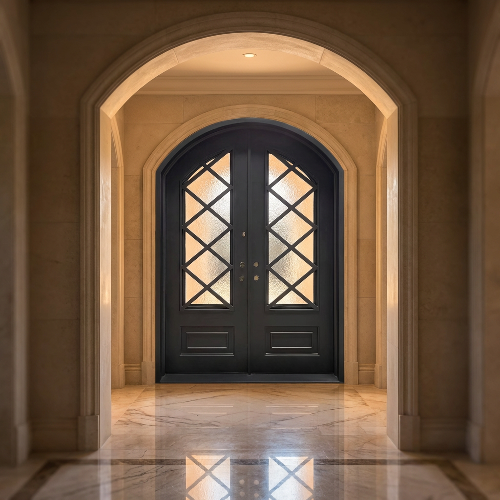 Op maat gemaakte moderne dubbele voordeur van smeedijzer met glas, veiligheidsdeur met antidiefstalbeveiliging, geschikt voor gebruik in de buitenruimte van een villa, 5 jaar garantie.