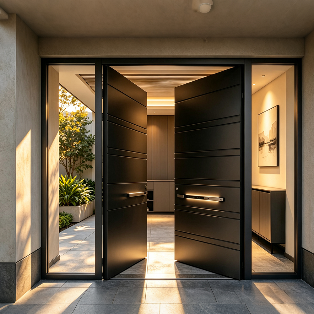 Minimalistische aluminium voordeur in particuliere residentie