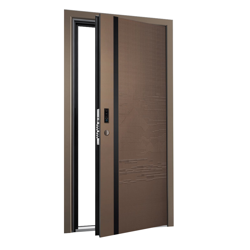Inbraakwerende veiligheidsdeur van aluminiumlegering met minimalistisch design, geschikt voor buitengebruik en zijopening. 5 jaar garantie.