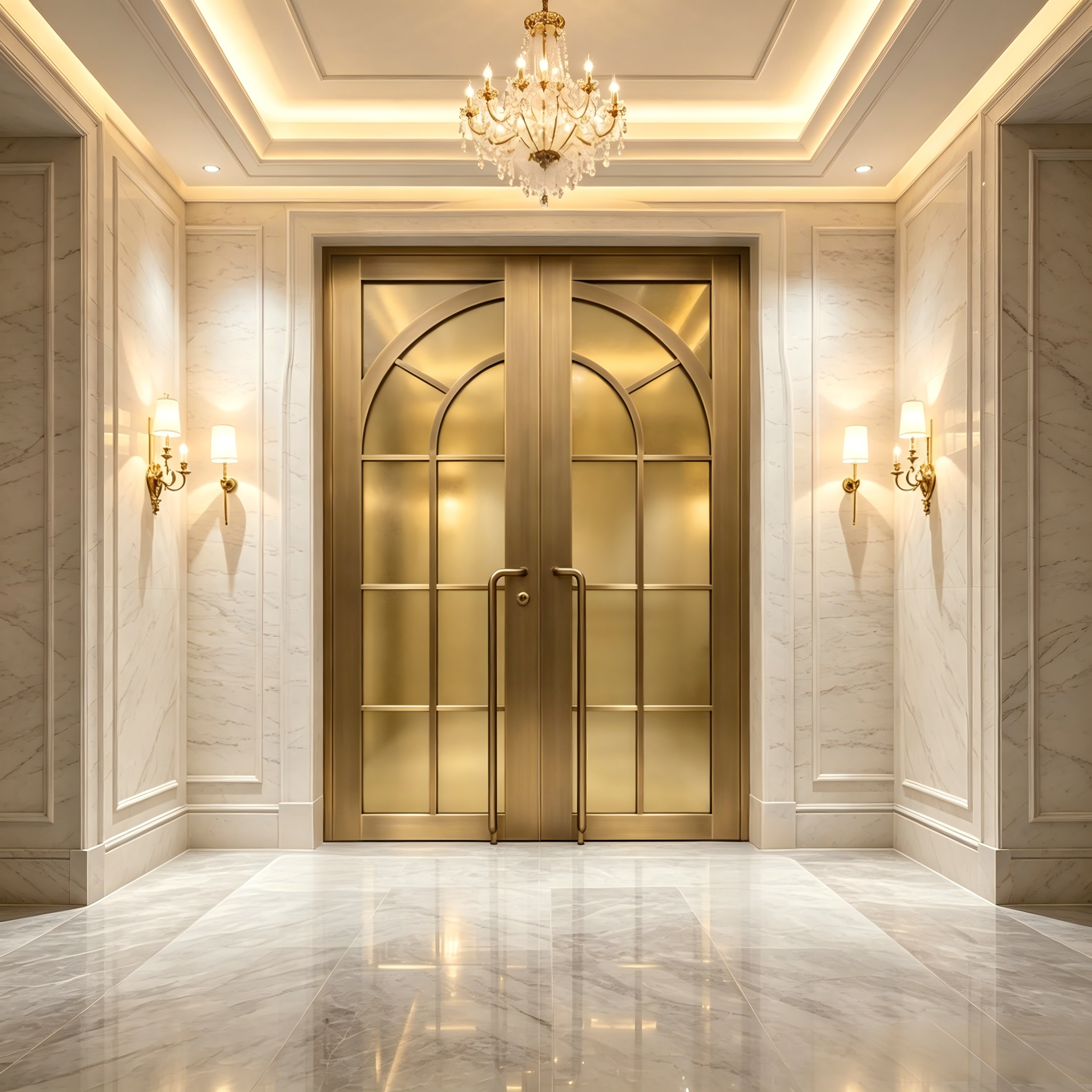 Luxe messing scharnierende voordeur voor hotel, villa of winkel. Dubbele glazen voordeur met veiligheidssleutel en slot. Ontwerp op maat.