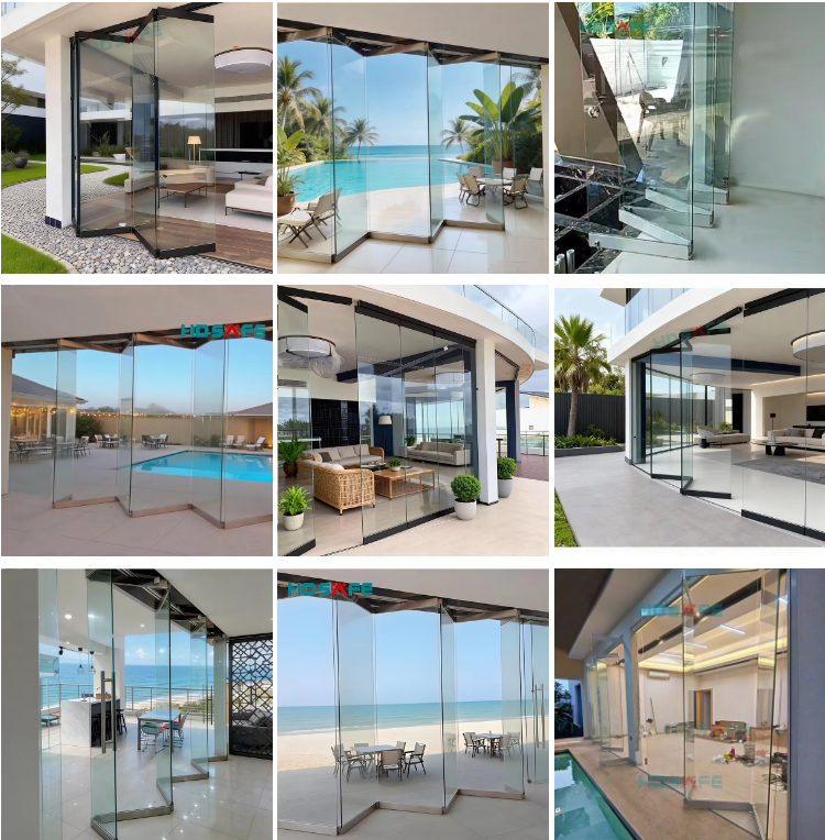 HDSAFE Frameloze glazen vouwdeur Veranda-ingangsdeur Glazen terrasdeur Harmonicadeur van glas Vouwdeur Schuifdeur Beslag