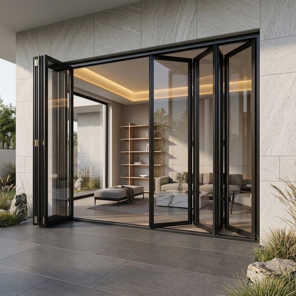Thermisch onderbroken aluminium vouwdeur 8+18A+8 dubbel glas gehard glas terras entree vouwdeur