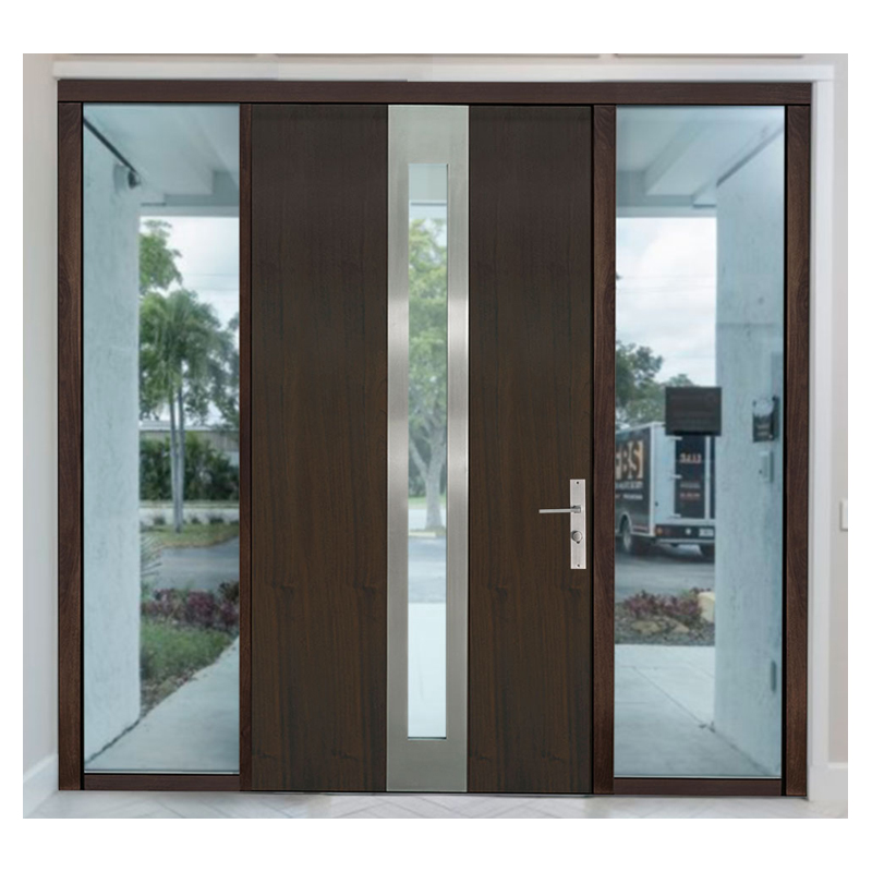Nieuwe op maat gemaakte buitendeur van Hihaus met groot glas, draaibaar en van hout, moderne stijl.