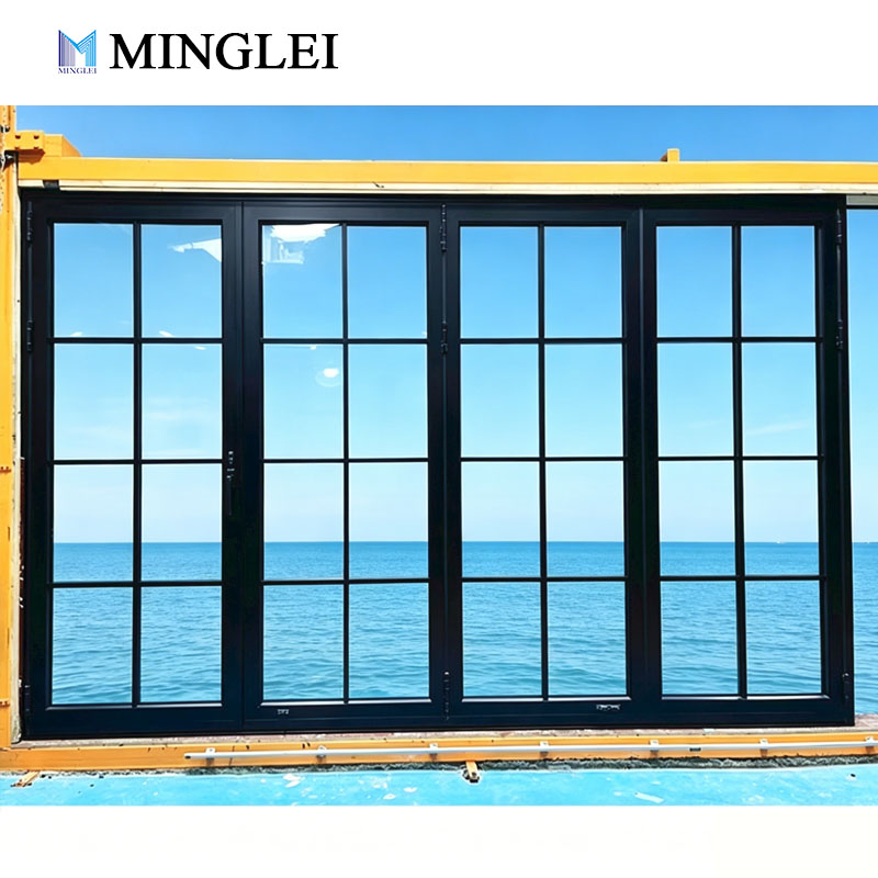Moderne, nieuwe stijl aluminium dubbelwandige glazen vouwdeuren voor terras, geluidsisolerende harmonicadeuren van glas.
