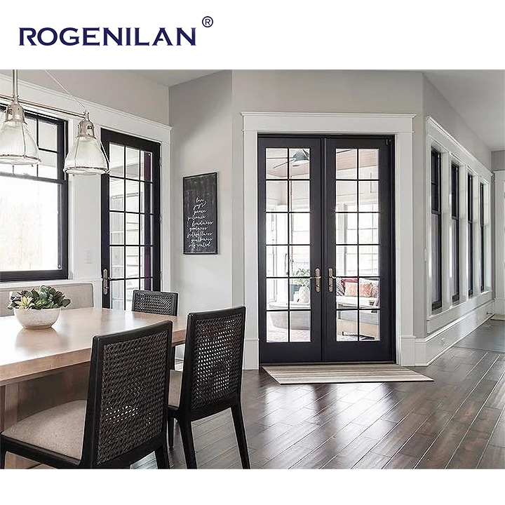Rogenilan China Leverancier van op maat gemaakte aluminium deuren en ramen, dubbele grote glazen vaste Franse deuren voor woningen