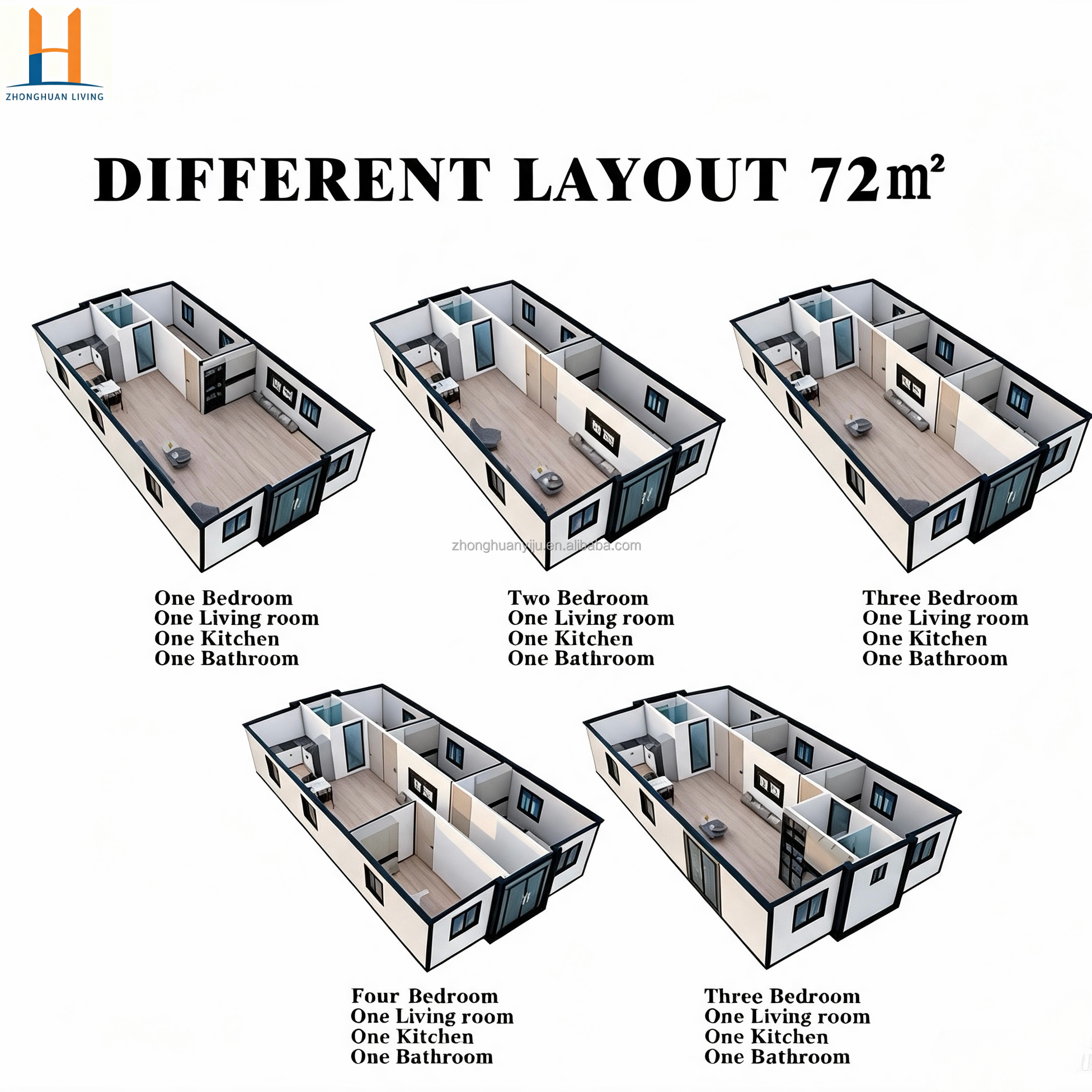 Luxe modulaire woning van 12 meter met 2 slaapkamers en badkamer - Prefab villa - Zhonghuan Living Modern Design, ademend, geschikt voor thuiskantoor.