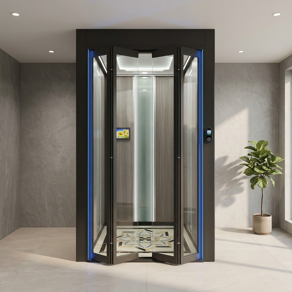 Luxe panoramische glazen liftdeur, frameloze automatische schuifdeur, entree van een villa of woonhuis