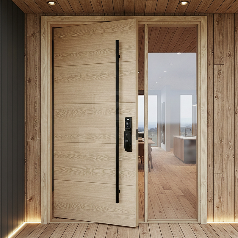 Massieve draaideur van wit eikenhout met massieve kern, moderne voordeur voor villa, met groot zijraam van gelaagd glas.