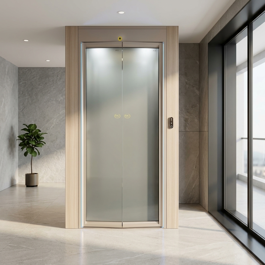 Luxe panoramische glazen liftdeur, frameloze automatische schuifdeur, entree van een villa of woonhuis