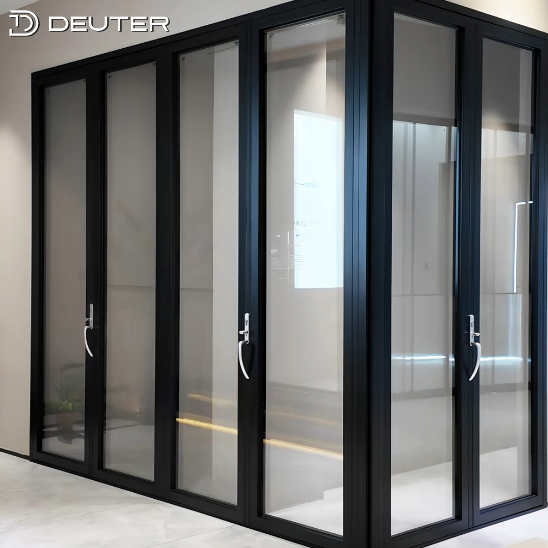 Robuuste aluminium vouwdeuren met glas, thermische onderbreking, waterdicht, veiligheidsscherm, geschikt voor villa, balkon, terras en dubbele beglazing.