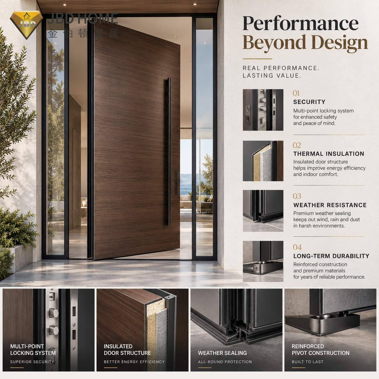 Grote, moderne draaideur met geluidsisolatie in een zwart aluminium frame voor de buitentoegang van een villa of luxe woning.
