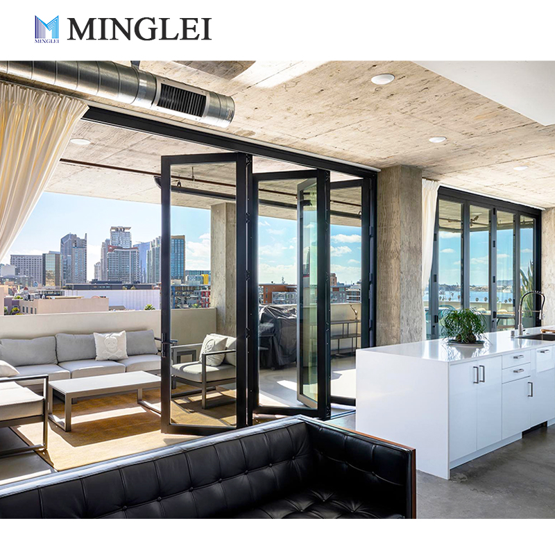 Moderne, nieuwe stijl aluminium dubbelwandige glazen vouwdeuren voor terras, geluidsisolerende harmonicadeuren van glas.