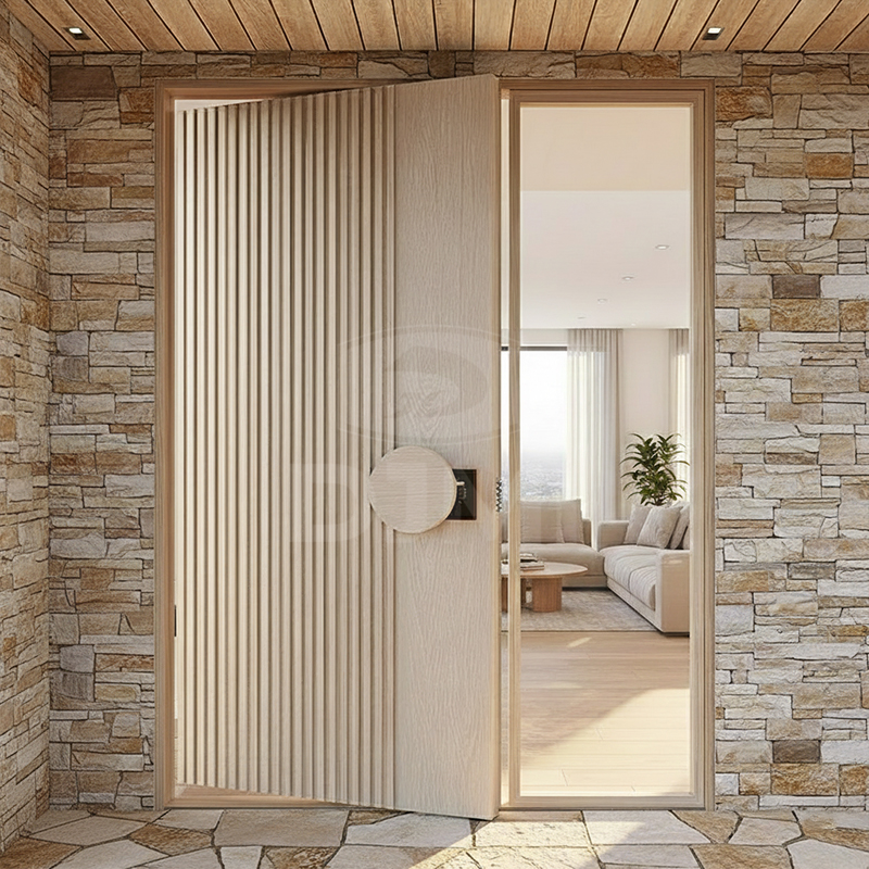 Massieve draaideur van wit eikenhout met massieve kern, moderne voordeur voor villa, met groot zijraam van gelaagd glas.