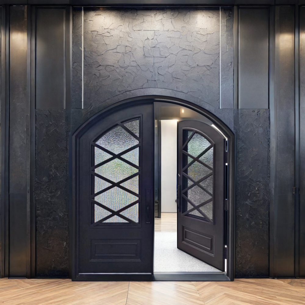Op maat gemaakte moderne dubbele voordeur van smeedijzer met glas, veiligheidsdeur met antidiefstalbeveiliging, geschikt voor gebruik in de buitenruimte van een villa, 5 jaar garantie.