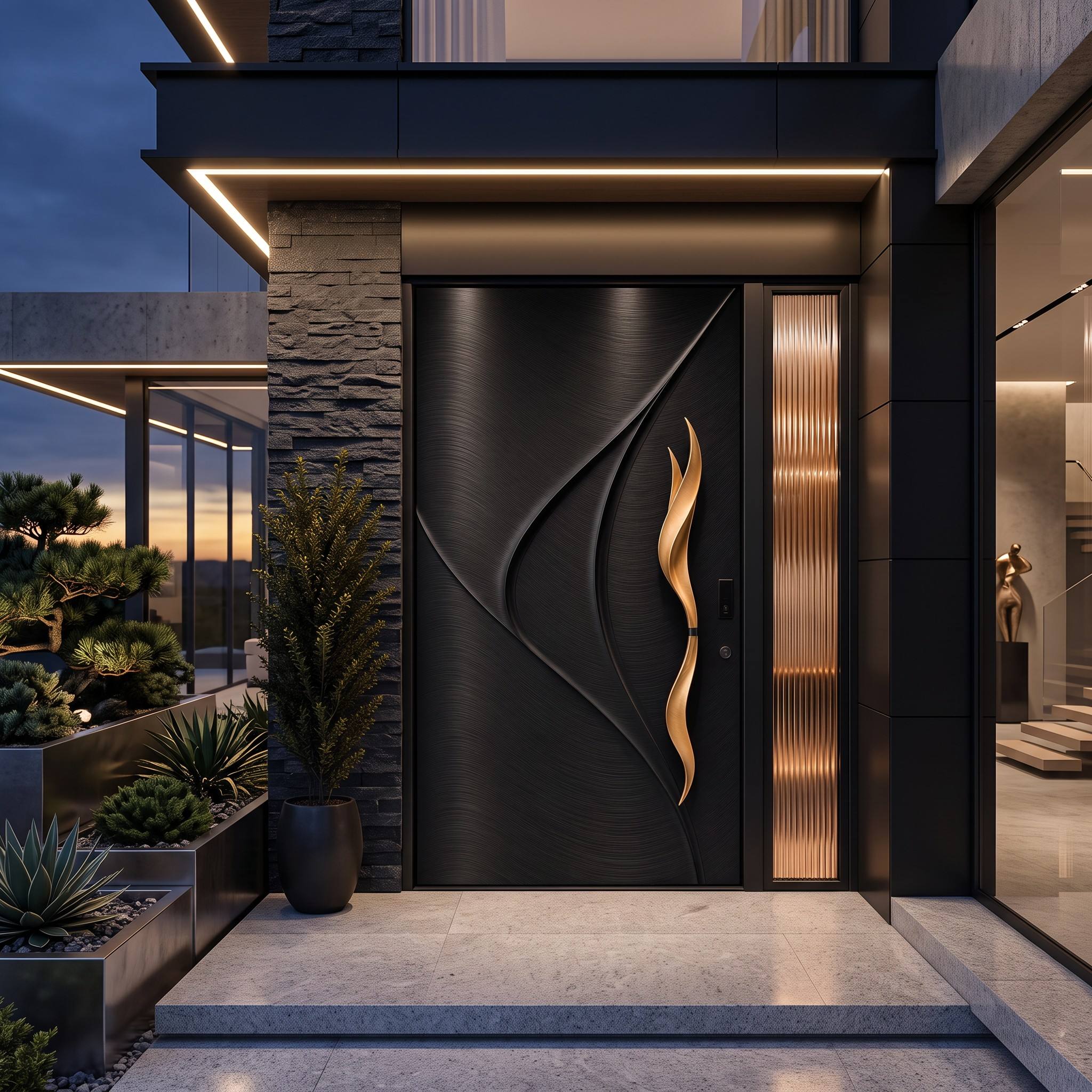 Architectonische moderne draaideur met golvend design, luxe extra grote voordeur met verborgen, robuust draaisysteem en slimme toegangscontrole voor herenhuizen.