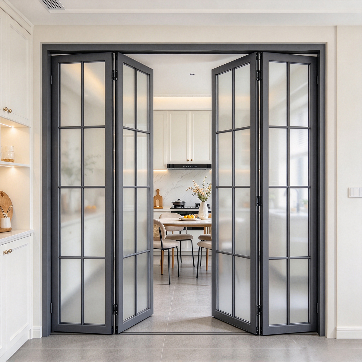 Waterdichte dubbelglas vouwdeur met Frans rooster en aluminium frame voor buitengebruik