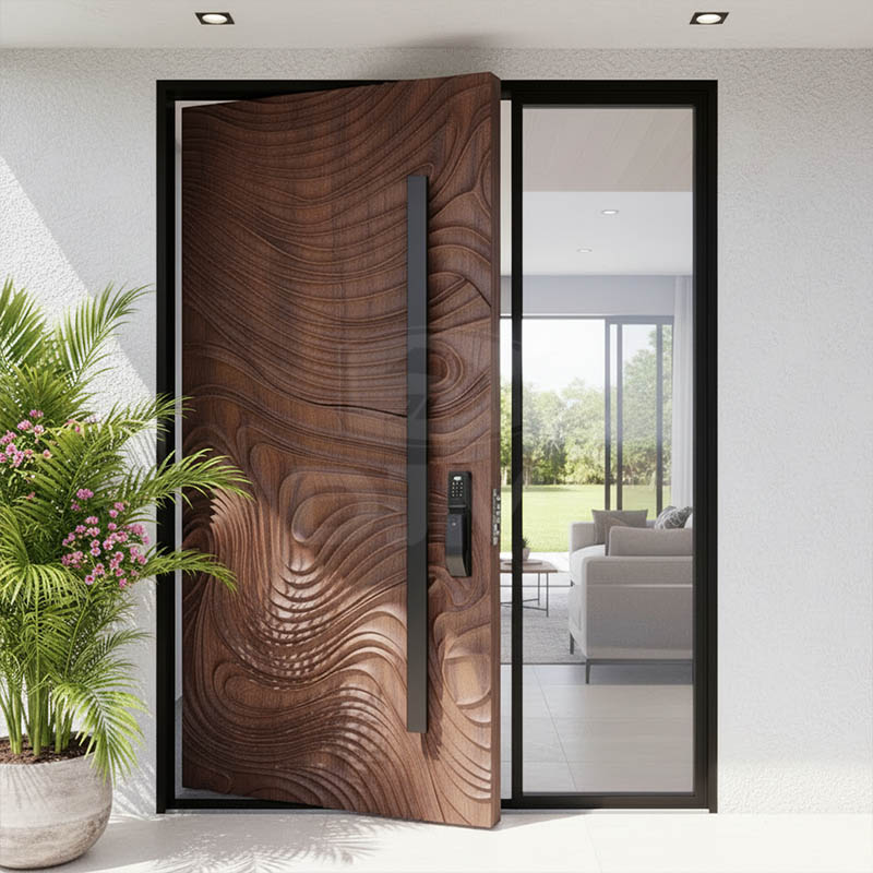 Massieve draaideur van wit eikenhout met massieve kern, moderne voordeur voor villa, met groot zijraam van gelaagd glas.