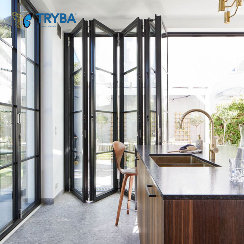 Moderne, design aluminium vouwdeuren voor buiten, economische accordeonstijl met verticaal vouwbaar hor.