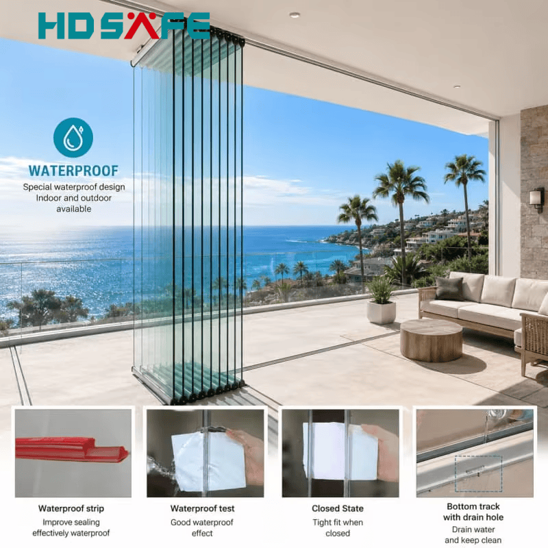Modern aluminium vouwdeursysteem met glazen deuren, frameloze vouwdeur voor balkon en serre.