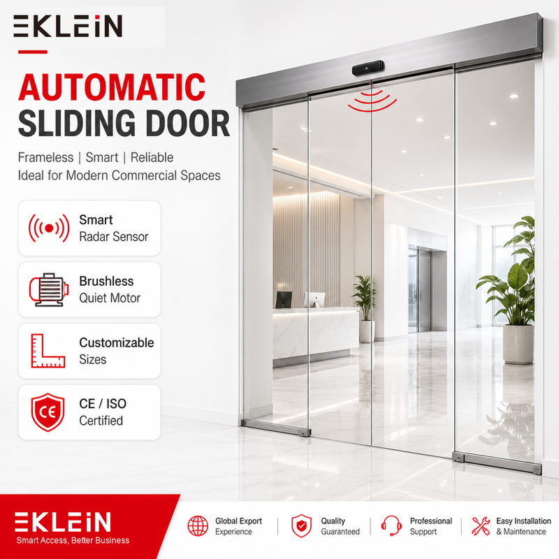 Sensorgestuurde automatische schuifdeur met elektrische glazen entree en aluminium frame.