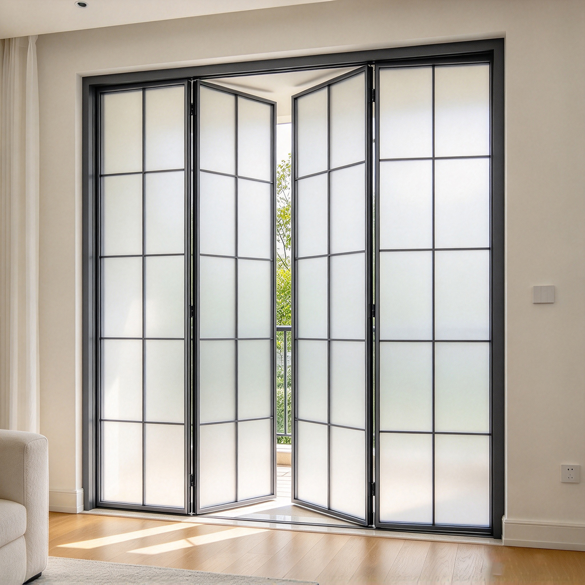 Waterdichte dubbelglas vouwdeur met Frans rooster en aluminium frame voor buitengebruik
