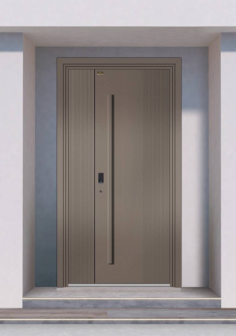 Premium aluminium veiligheidsdeur in industriële chique taupekleur met geribbelde, gladde panelen, moderne enkele voordeur, exclusief project Water