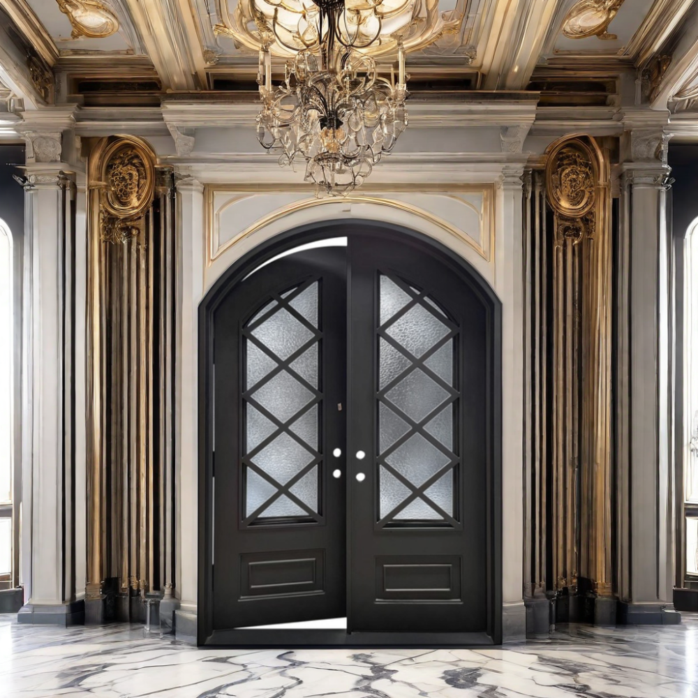 Op maat gemaakte moderne dubbele voordeur van smeedijzer met glas, veiligheidsdeur met antidiefstalbeveiliging, geschikt voor gebruik in de buitenruimte van een villa, 5 jaar garantie.