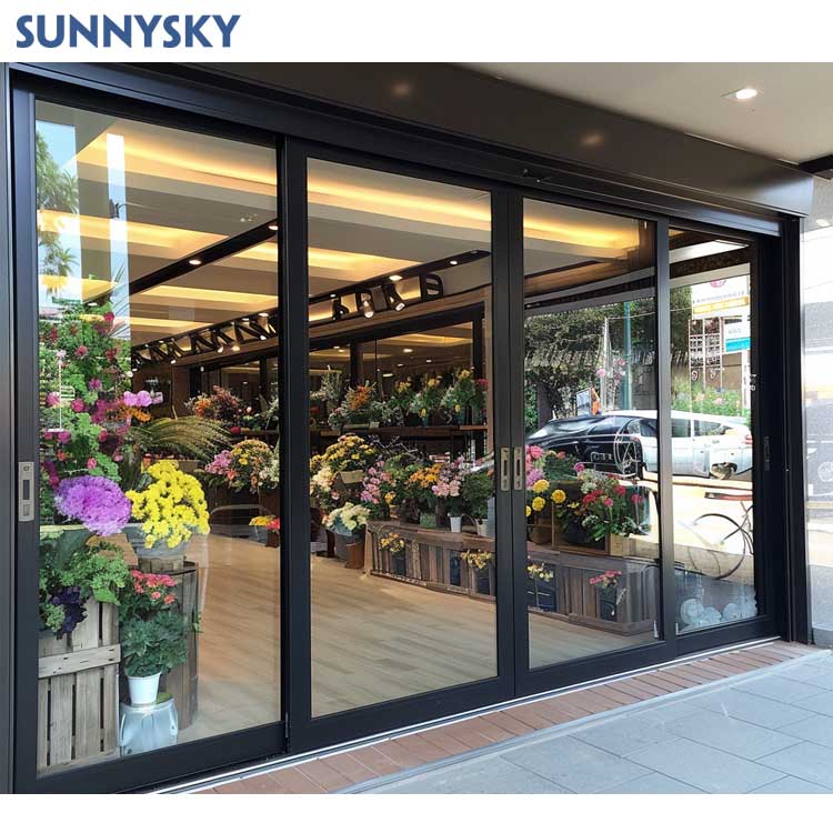 Sunnysky Commerciële Moderne Winkelpui Schuifdeuren van glas Aluminium Voordeur Glasvezel Buitenzijde Grote Glazen Deur