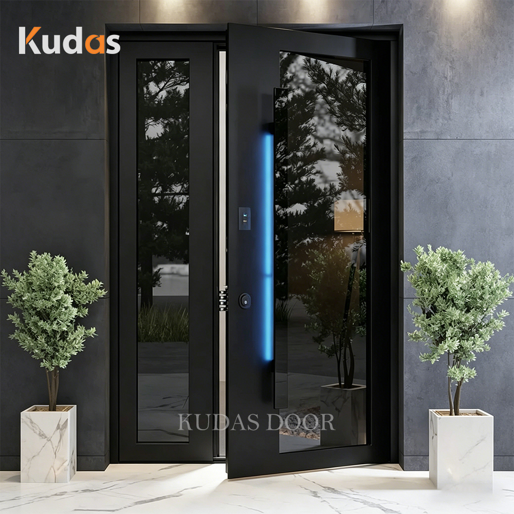 Moderne luxe zwarte glazen, verticaal geribbelde, gegoten aluminium buitendeur met draaifunctie en LED-verlichting.