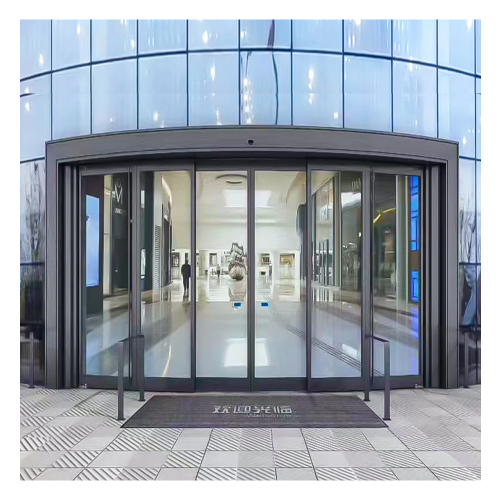 Sensorgestuurde automatische schuifdeur met elektrische glazen entree en aluminium frame.
