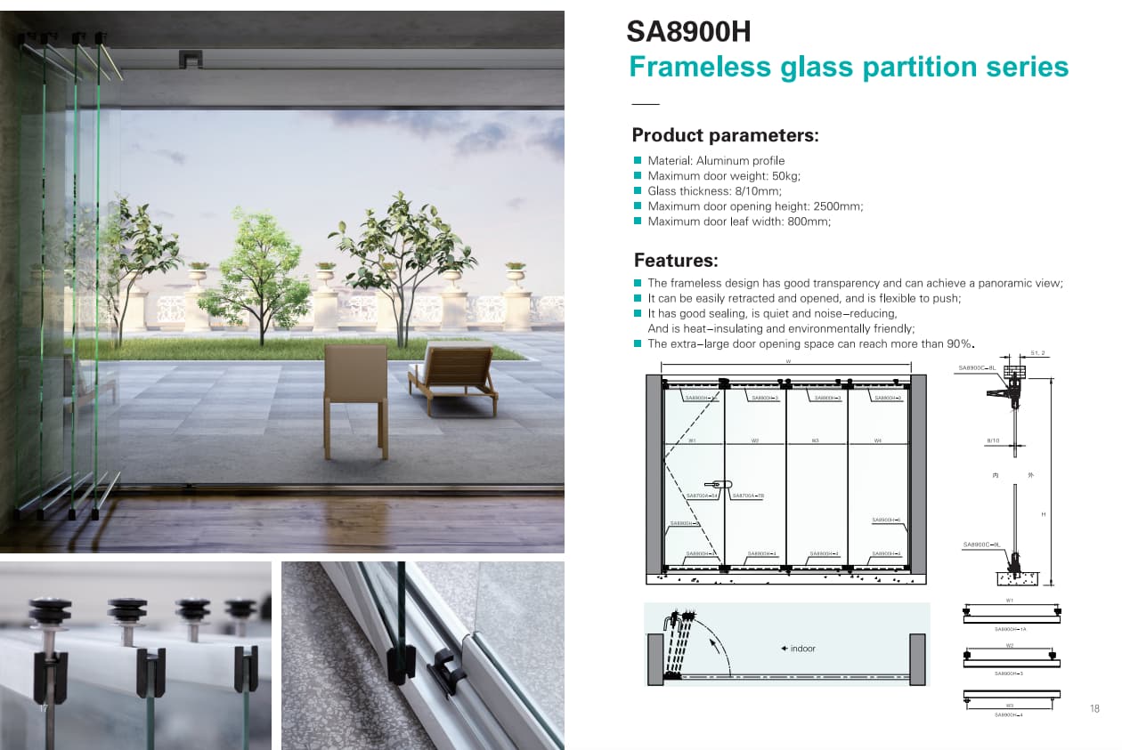 Modern aluminium vouwdeursysteem met glazen deuren, frameloze vouwdeur voor balkon en serre.