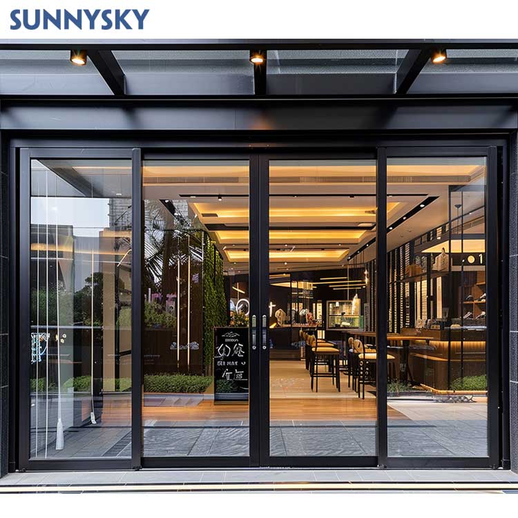 Sunnysky Commercial Modern Shop Storefront Sliding Glass Doors Aluminum Front Entry Doors Fiberglass Exterior Large Glass Doors