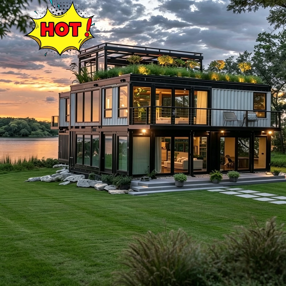 Luxe containervilla met 2 verdiepingen, prefab modulaire woning, groene, energiezuinige landelijke villa
