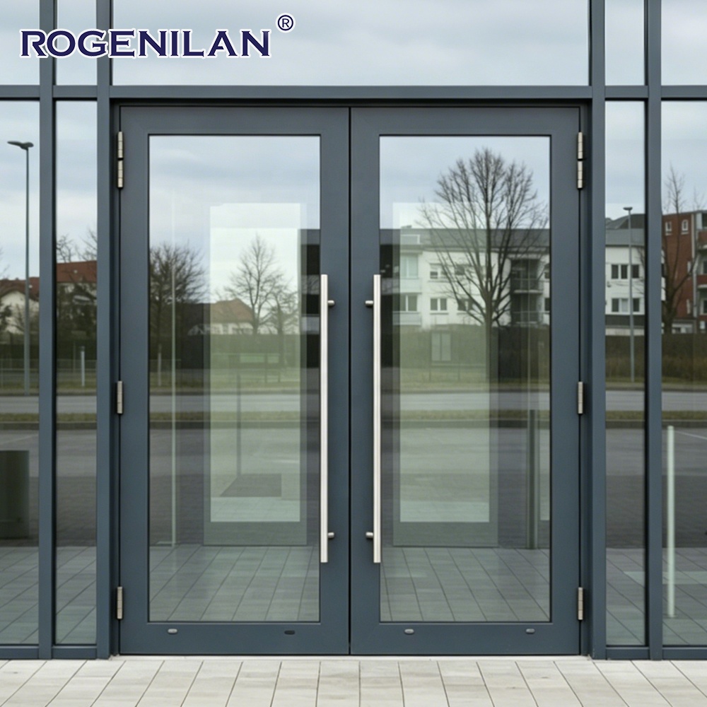 Rogenilan Custom Business Aluminium Veiligheidsdeur voor Commerciële Bedrijven, Buitenzijde, Gehard Glas, Dubbele Draaideuren