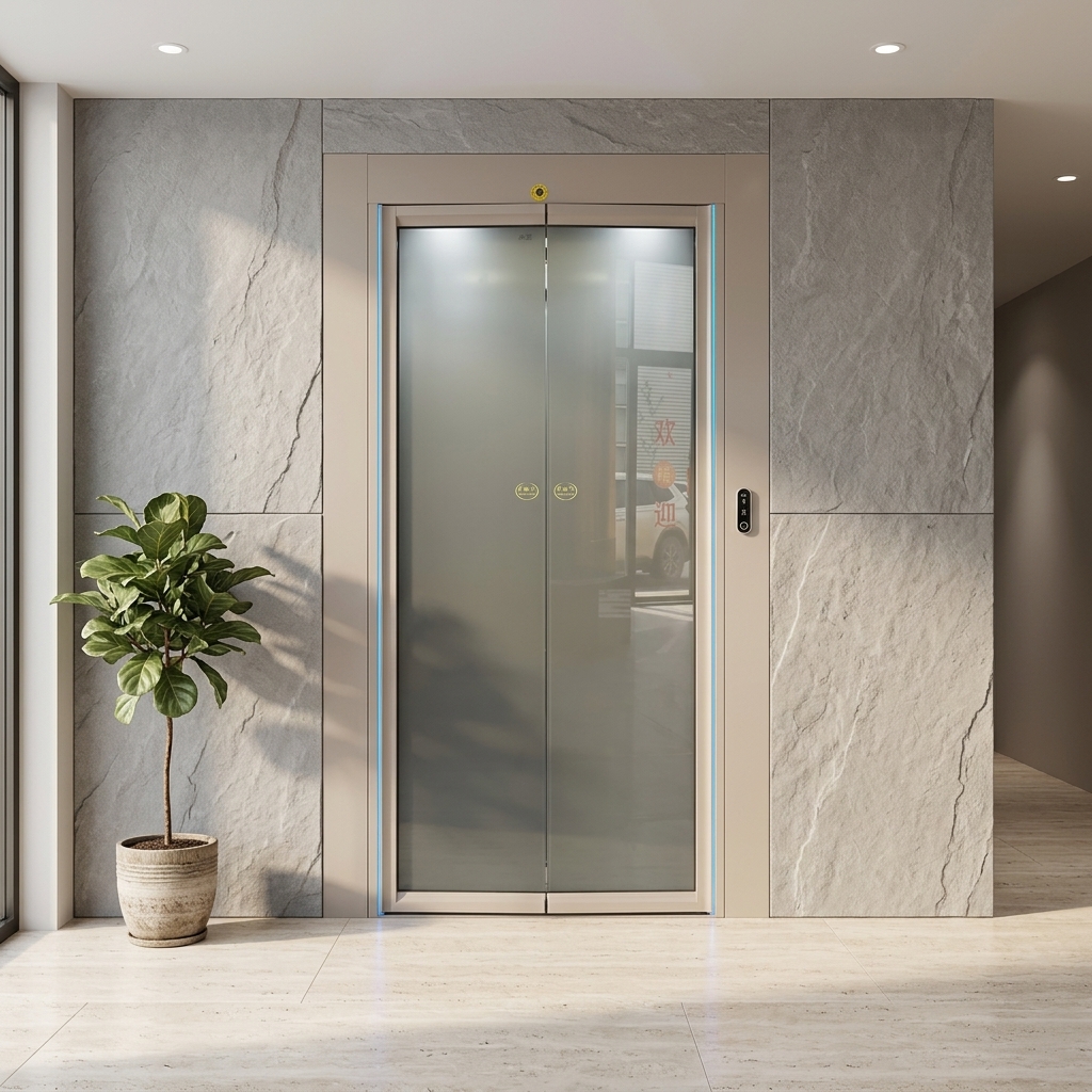 Luxe panoramische glazen liftdeur, frameloze automatische schuifdeur, entree van een villa of woonhuis