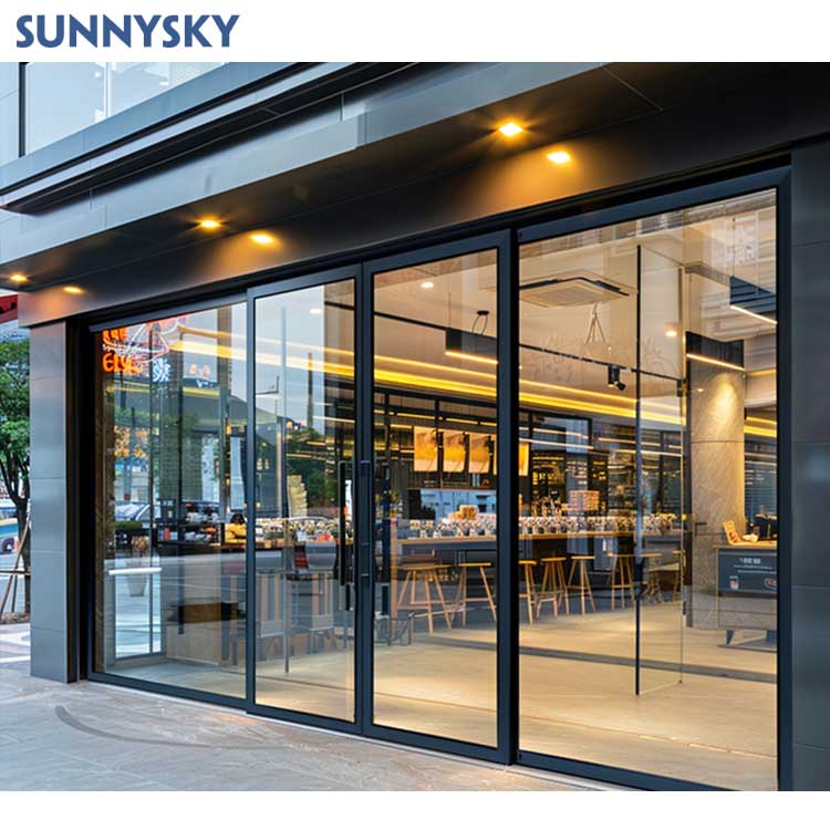 Sunnysky Commercial Modern Shop Storefront Sliding Glass Doors Aluminum Front Entry Doors Fiberglass Exterior Large Glass Doors