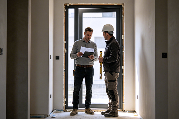Levering van voordeuren op een bouwplaats