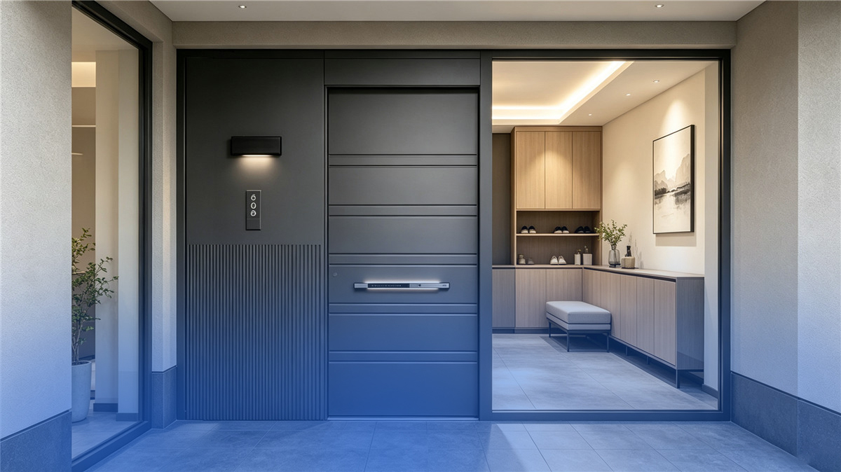 Moderne aluminium voordeur met strak design en verborgen scharnieren
