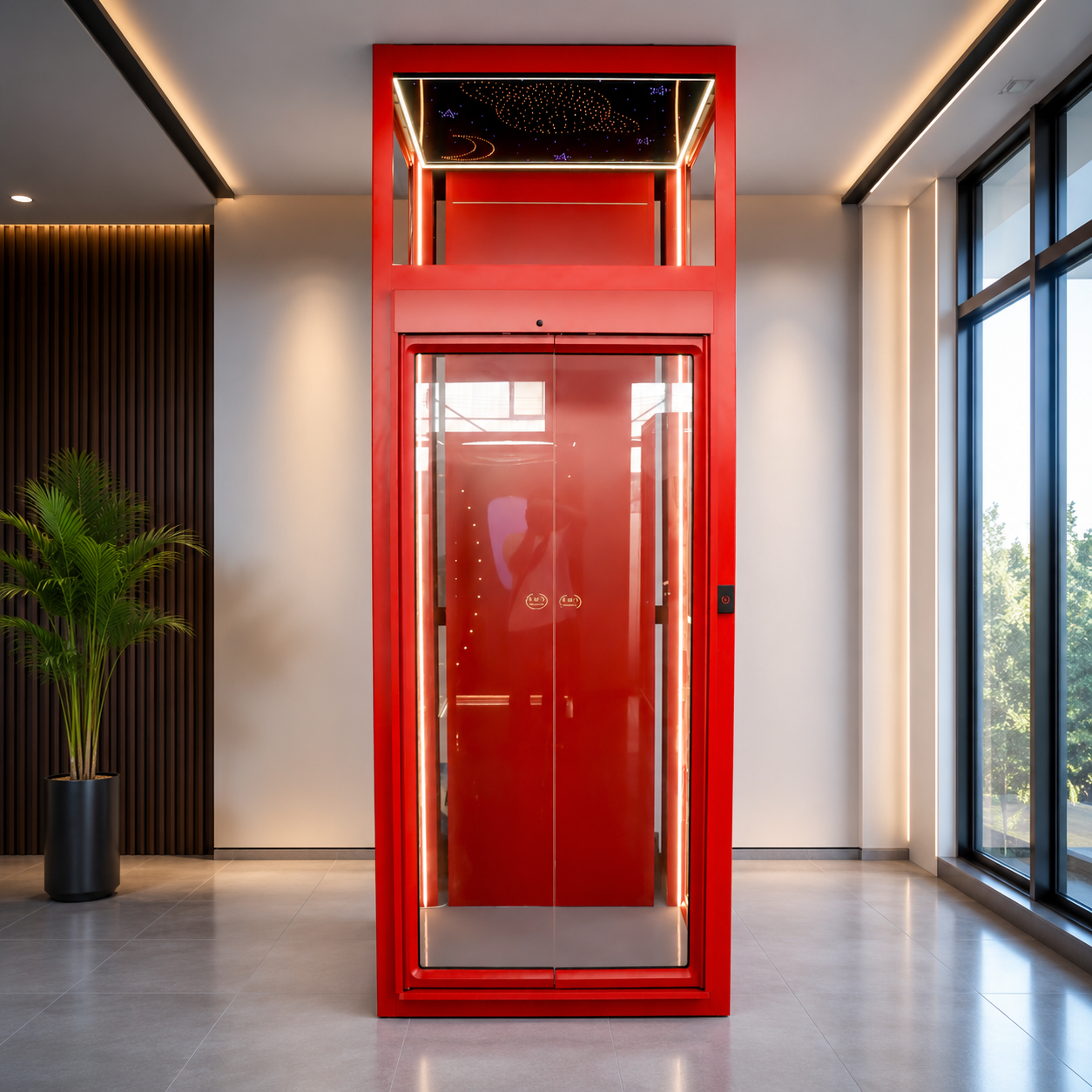 Luxe panoramische glazen liftdeur, frameloze automatische schuifdeur, entree van een villa of woonhuis