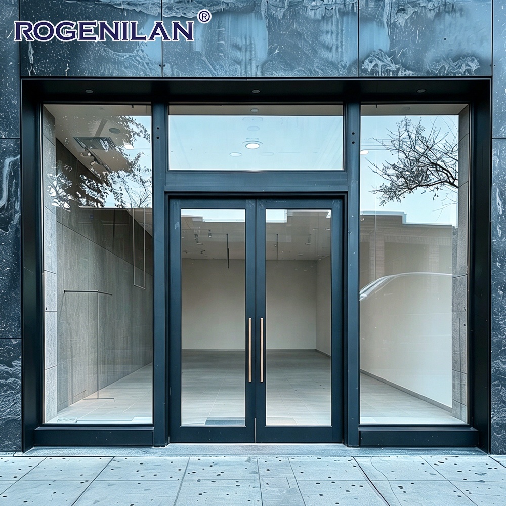 Rogenilan Custom Business Aluminium Veiligheidsdeur voor Commerciële Bedrijven, Buitenzijde, Gehard Glas, Dubbele Draaideuren