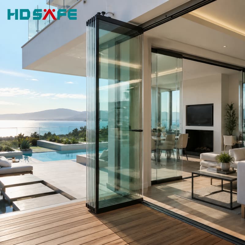 Modern aluminium vouwdeursysteem met glazen deuren, frameloze vouwdeur voor balkon en serre.