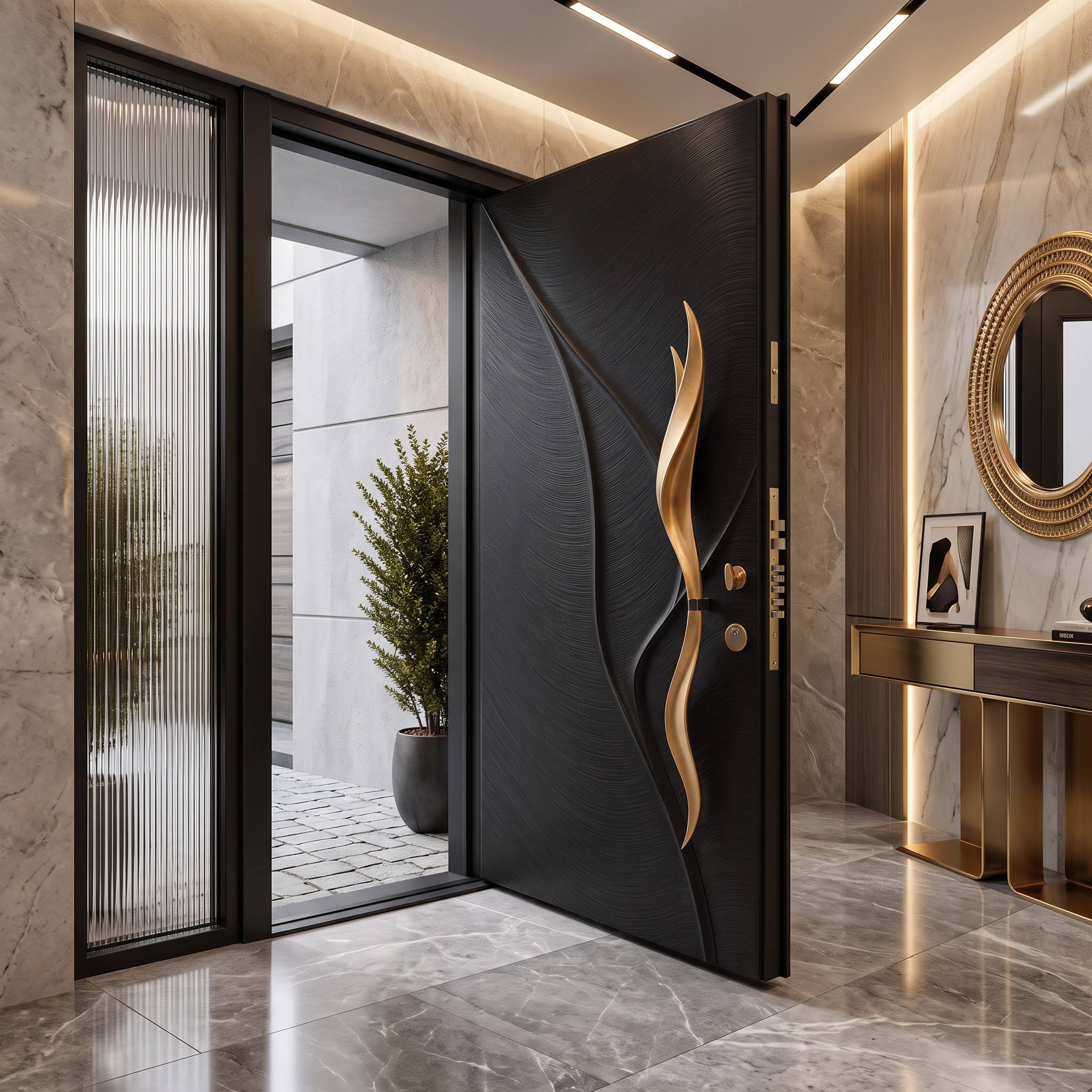 Architectonische moderne draaideur met golvend design, luxe extra grote voordeur met verborgen, robuust draaisysteem en slimme toegangscontrole voor herenhuizen.